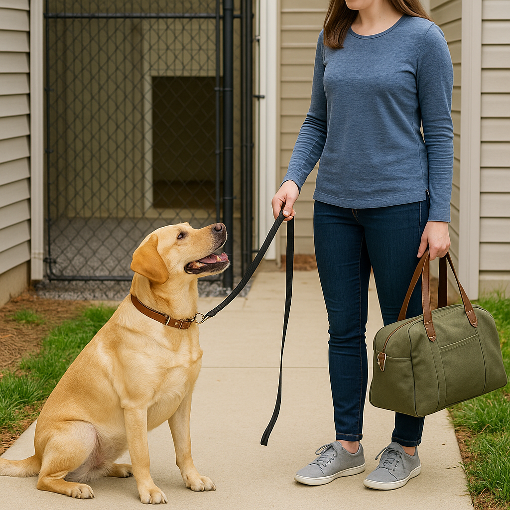 Owner dropping off a golden Labrador for boarding at Lone Wolf K9 Lodge, holding a leash and travel bag outside a clean, private kennel with warm natural light.