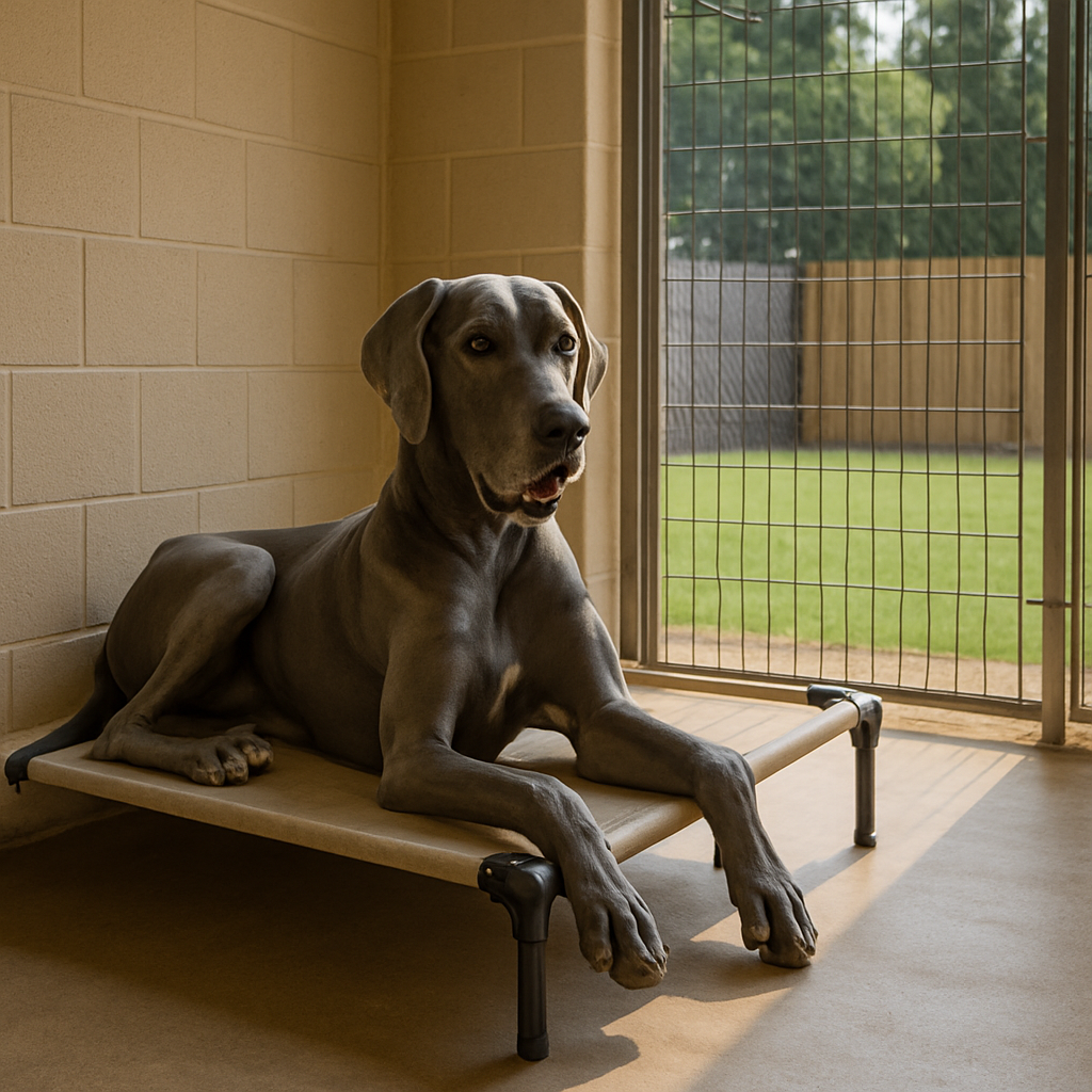 A calm blue-gray Great Dane relaxing on a raised bed inside a spacious outdoor kennel with sunlight streaming in and green grass visible through the open gate.