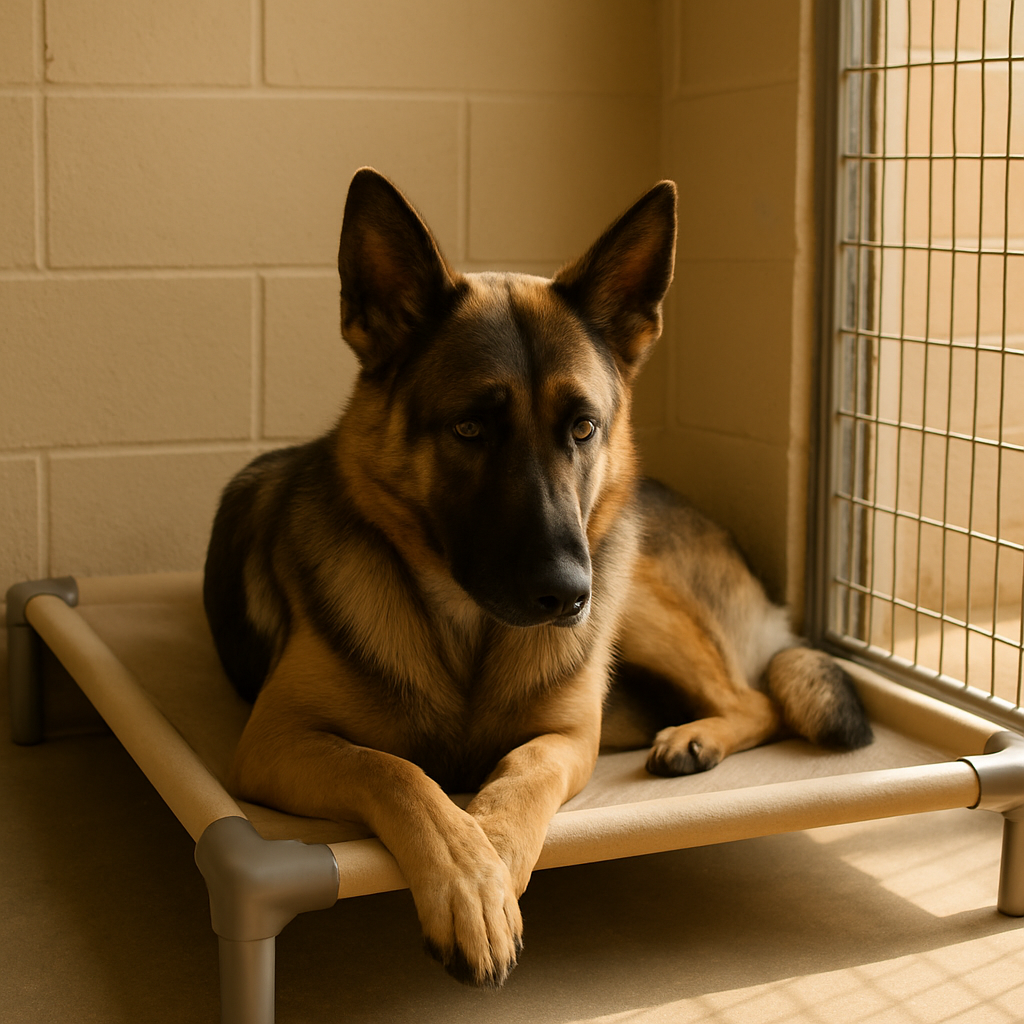 A calm German Shepherd lying on a raised bed inside a quiet, sunlit kennel at Lone Wolf K9 Lodge, showing peaceful private boarding for anxious or aggressive dogs.
