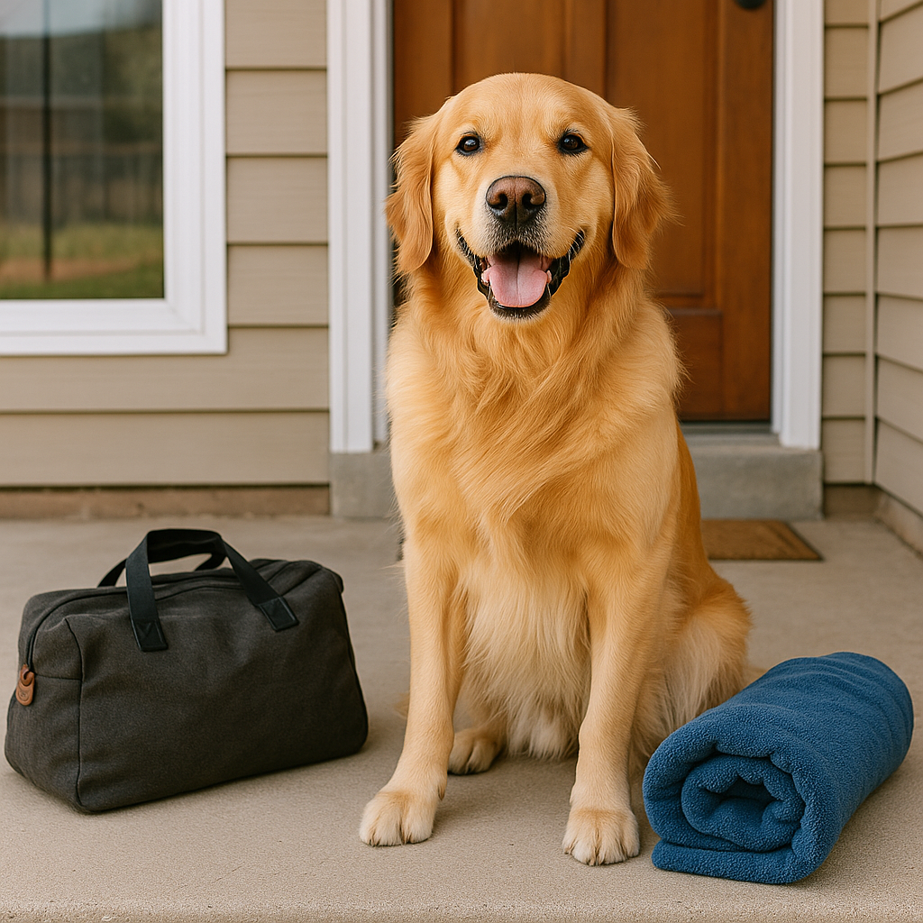A happy golden retriever sitting outside a cozy lodge entrance with a small duffle bag and blue blanket, ready for boarding at Lone Wolf K9 Lodge.